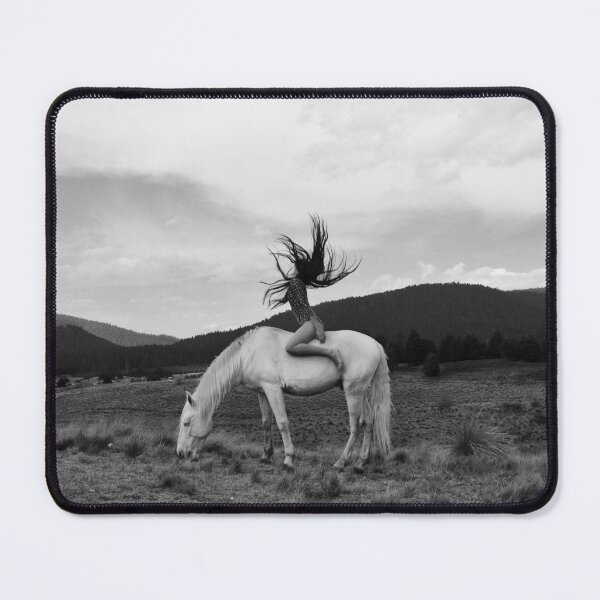 Item preview, Let your hair down, young woman throwing her hair back, free and wild, on a white horse black and white photograph poster art print designed and sold by Astrid Arkhangelsky.