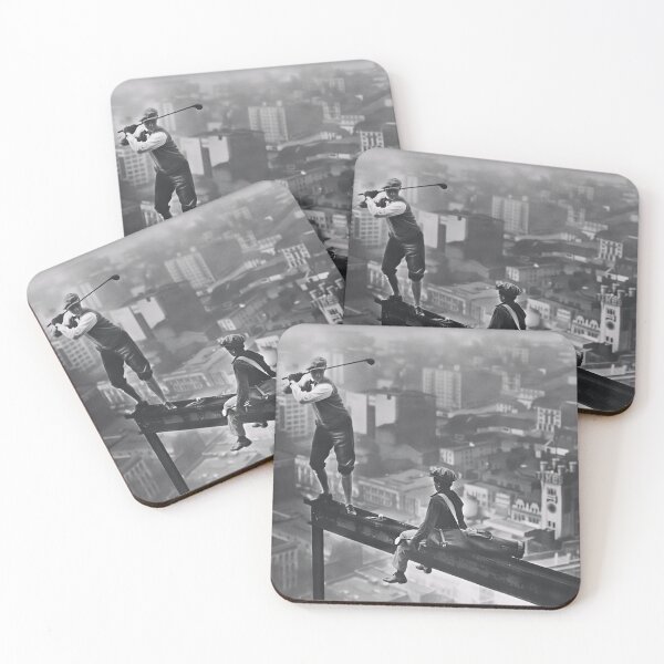 Item preview, Golf atop a skyscraper, 1932 vintage golfer and caddy on a steel girder high above New York City black and white photograph poster art print designed and sold by Astrid Arkhangelsky.