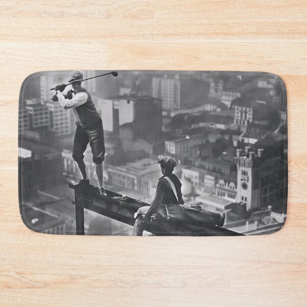 Item preview, Golf atop a skyscraper, 1932 vintage golfer and caddy on a steel girder high above New York City black and white photograph poster art print designed and sold by Astrid Arkhangelsky.