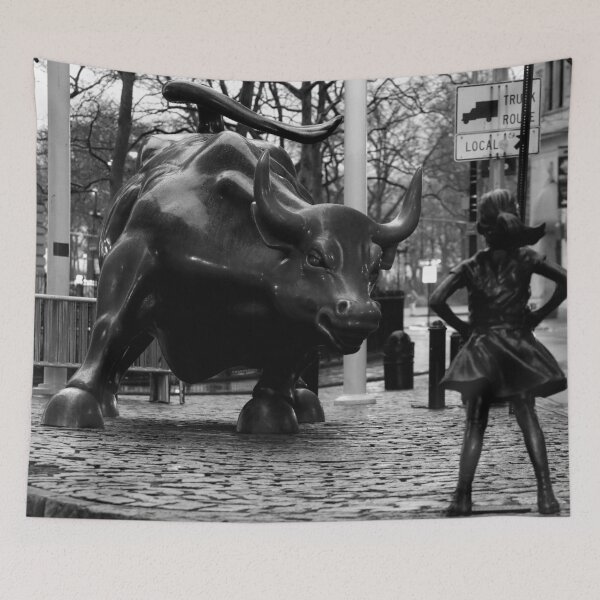 Item preview, Fearless Girl facing down the Charging Bull statue of Wall Street black and white photography poster art print designed and sold by Astrid Arkhangelsky.
