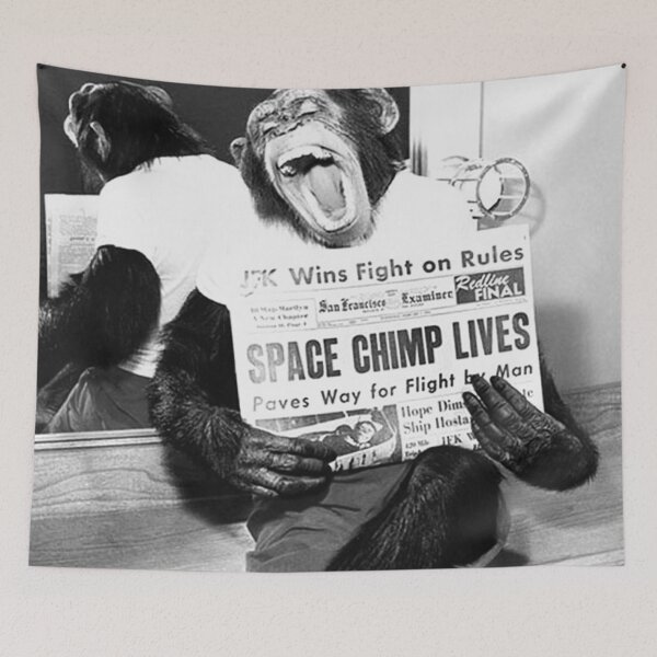 Item preview, Vintage astronaut space chimp lives funny black and white photograph poster art print designed and sold by Astrid Arkhangelsky.