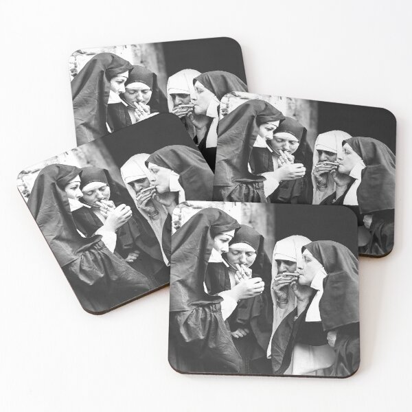 Item preview, Vintage nuns smoking cigarettes humorous funny black and white photograph poster art print designed and sold by Astrid Arkhangelsky.