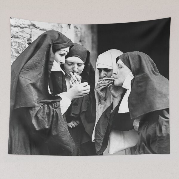 Item preview, Póster vintage con fotografía divertida y humorística en blanco y negro de monjas fumando cigarrillos. designed and sold by Astrid Arkhangelsky.