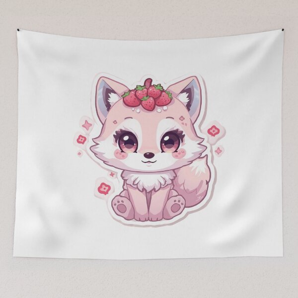 Artikelvorschau, Niedlicher Erdbeerfuchs, Kawaii-Tier – Pastellrosa Beerenfuchs-Cartoon entworfen und verkauft von Kavya Art.