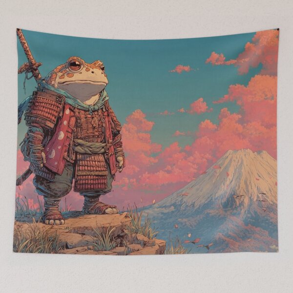 Artikelvorschau, Samurai-Frosch am Berg Fuji - Niedliche japanische Ukiyo-e Kaeru-Kunst entworfen und verkauft von De Aqui y de Alla Studio.