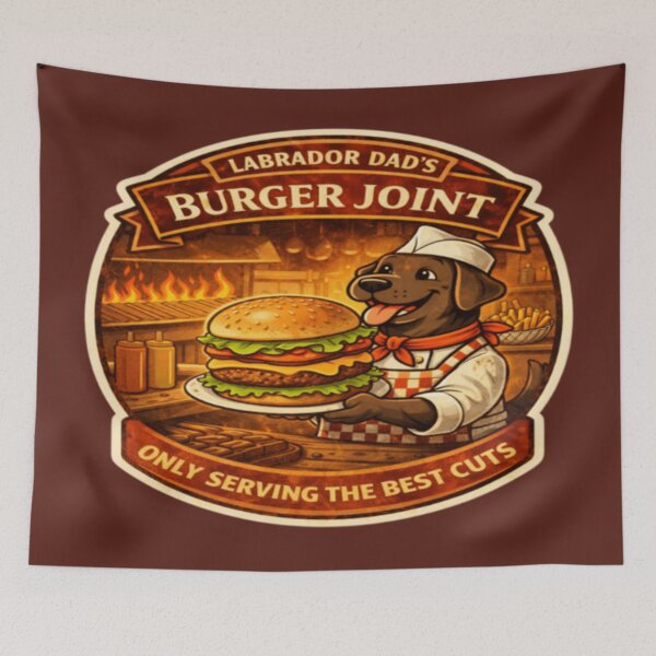 Item preview, Labrador Dad's Burger Joint | Chocolate Lab Chef Vintage Badge | Funny Dog Burger Lover Gift designed and sold by PawPrintCustom.