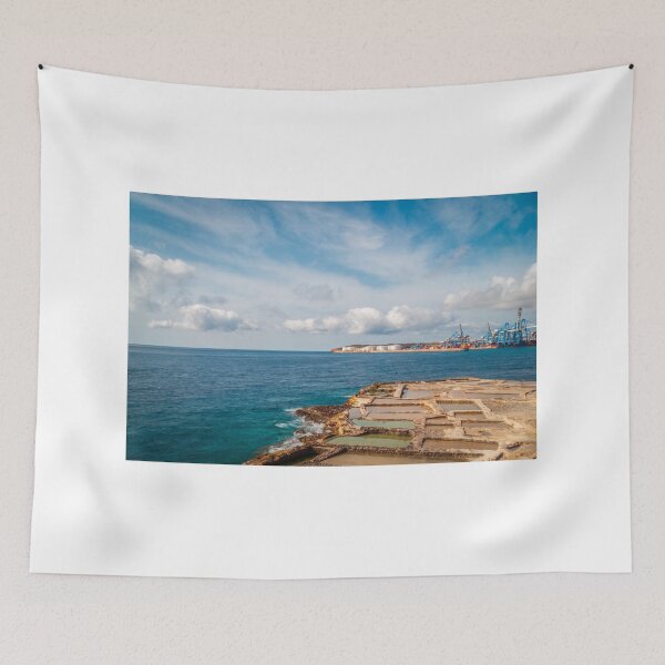 Item preview, Coastal Salt Pans and Industrial Port With Cranes Overlooking Calm Blue Sea and Sky designed and sold by Nmallia.