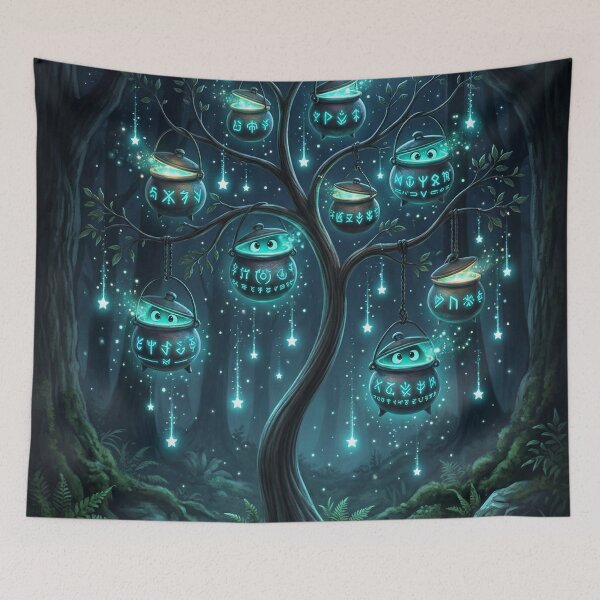 Item preview, Mystic Cauldron Rune Tree – Enchanted Forest Night Magic designed and sold by Herzbaumatelier.