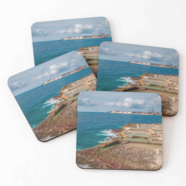 Item preview, Salt Pans on Rocky Coastline Overlooking Industrial Port and Blue Sea Horizon designed and sold by Nmallia.
