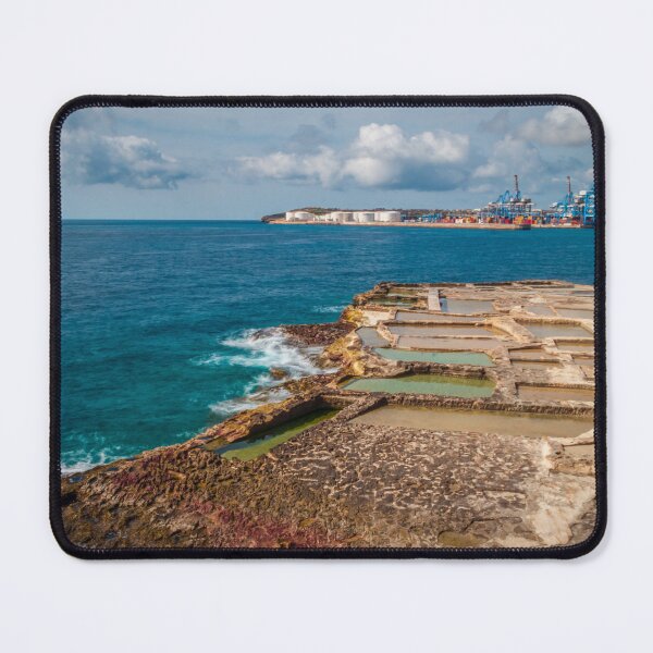 Item preview, Salt Pans on Rocky Coastline Overlooking Industrial Port and Blue Sea Horizon designed and sold by Nmallia.