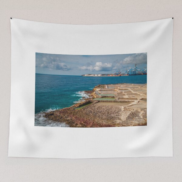 Item preview, Salt Pans on Rocky Coastline Overlooking Industrial Port and Blue Sea Horizon designed and sold by Nmallia.
