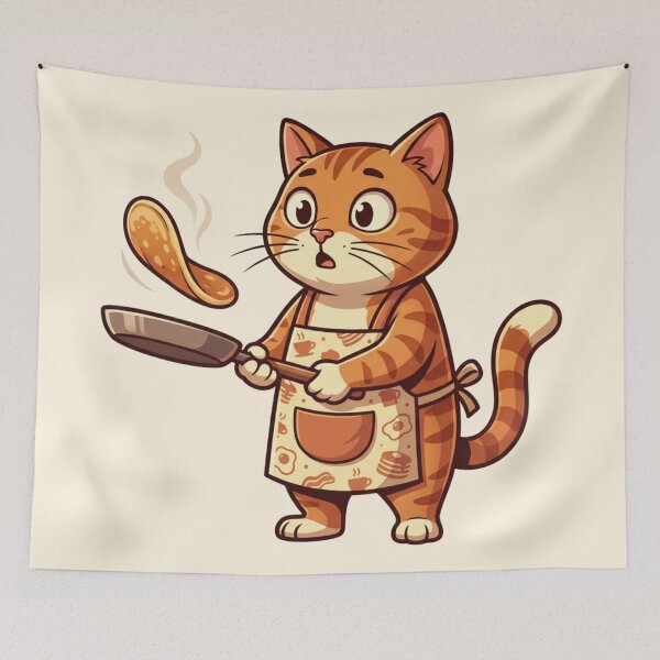 Item preview, Ginger Cat Chef Flipping Pancakes - Funny Kitchen Baker Art designed and sold by HappySproutArt.