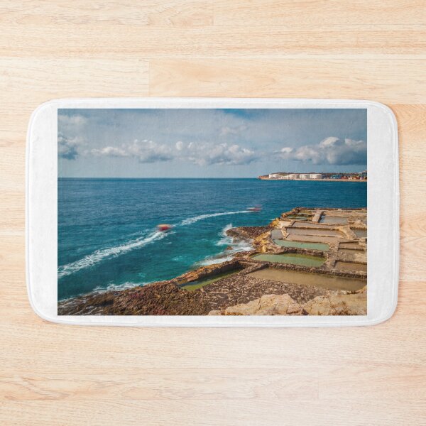 Item preview, Coastal Salt Pans And Rocky Shoreline With Boats Leaving Wakes On Turquoise Sea designed and sold by Nmallia.