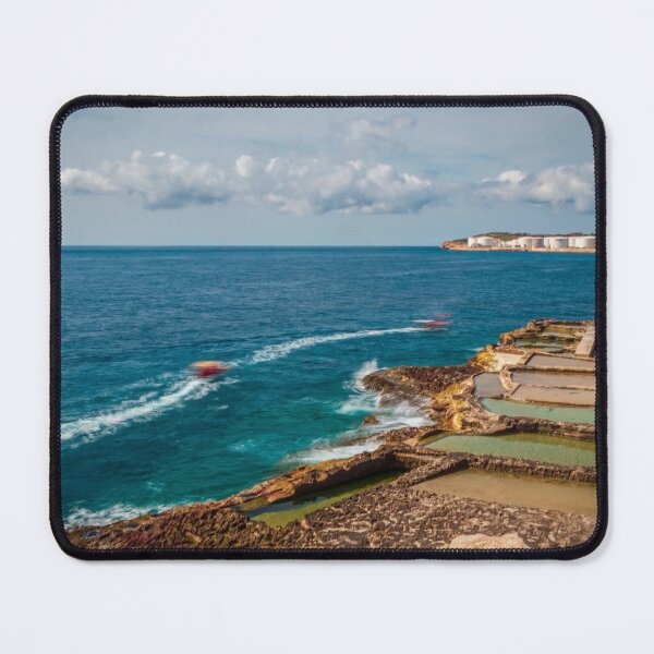Item preview, Coastal Salt Pans And Rocky Shoreline With Boats Leaving Wakes On Turquoise Sea designed and sold by Nmallia.
