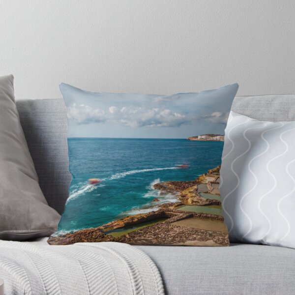 Item preview, Coastal Salt Pans And Rocky Shoreline With Boats Leaving Wakes On Turquoise Sea designed and sold by Nmallia.