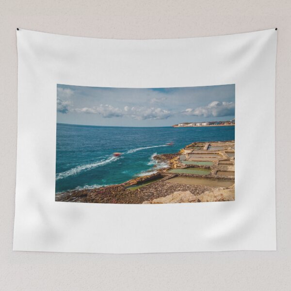 Item preview, Coastal Salt Pans And Rocky Shoreline With Boats Leaving Wakes On Turquoise Sea designed and sold by Nmallia.