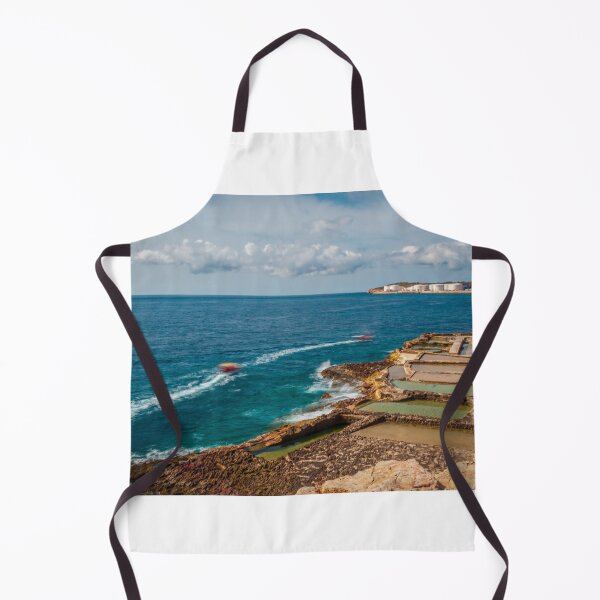 Item preview, Coastal Salt Pans And Rocky Shoreline With Boats Leaving Wakes On Turquoise Sea designed and sold by Nmallia.