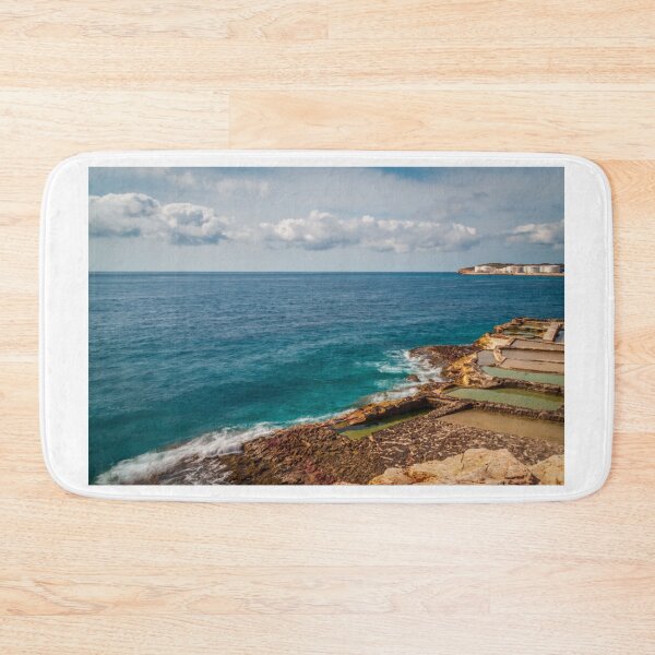 Item preview, Coastal Salt Pans And Turquoise Ocean Waves Along Rocky Mediterranean Coast With Distant Tanks designed and sold by Nmallia.