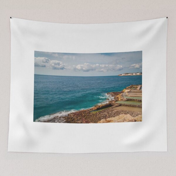 Item preview, Coastal Salt Pans And Turquoise Ocean Waves Along Rocky Mediterranean Coast With Distant Tanks designed and sold by Nmallia.