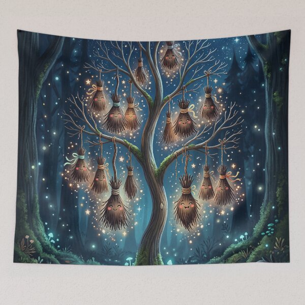 Item preview, Enchanted Broom Spirit Tree – Magical Forest Night Fantasy designed and sold by Herzbaumatelier.