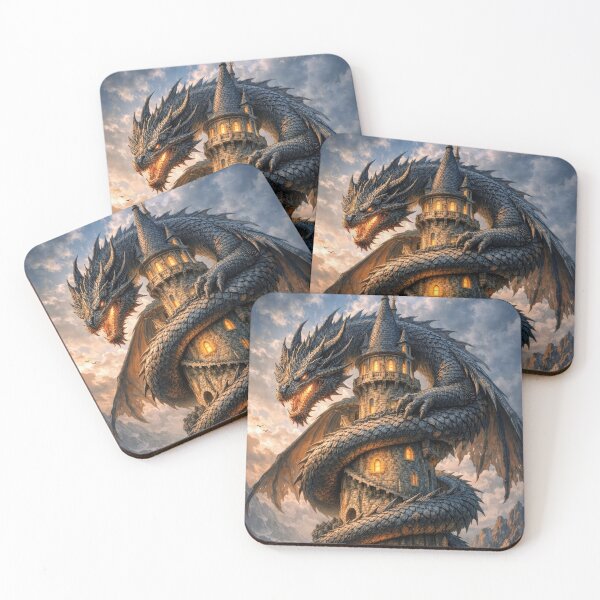 Item preview, Epic Dragon Wrapped Around Wizard Tower – Dark Fantasy Dragon Castle Artwork designed and sold by DrakariArt.