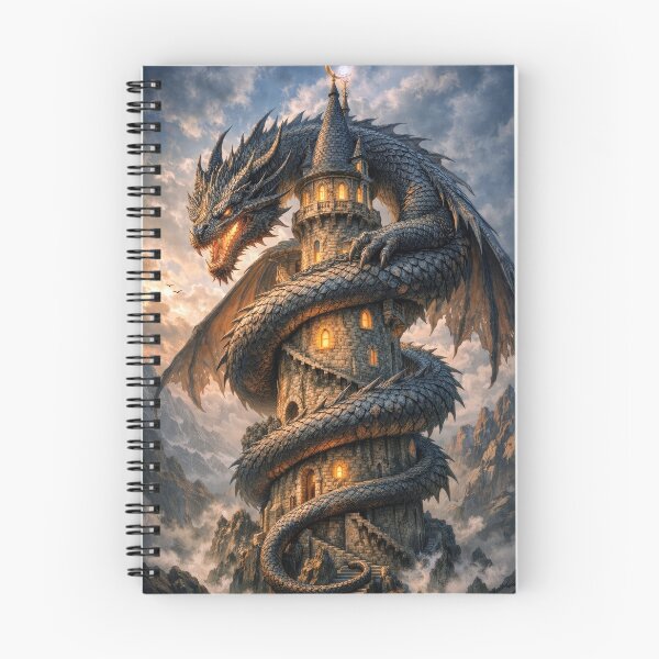 Item preview, Epic Dragon Wrapped Around Wizard Tower – Dark Fantasy Dragon Castle Artwork designed and sold by DrakariArt.