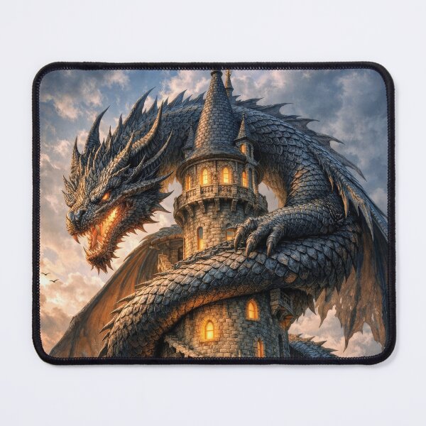 Item preview, Epic Dragon Wrapped Around Wizard Tower – Dark Fantasy Dragon Castle Artwork designed and sold by DrakariArt.