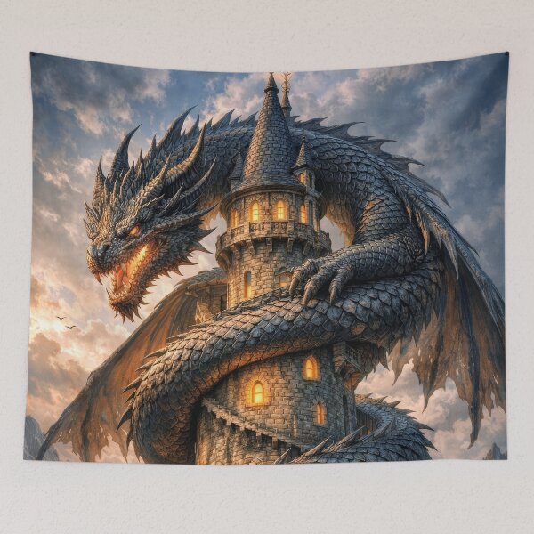 Item preview, Epic Dragon Wrapped Around Wizard Tower – Dark Fantasy Dragon Castle Artwork designed and sold by DrakariArt.