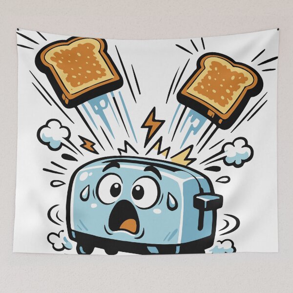 Item preview, A toaster character overwhelmed by its own toast explosion. The exaggerated motion and expression create chaotic cartoon humor. designed and sold by Dejbar.