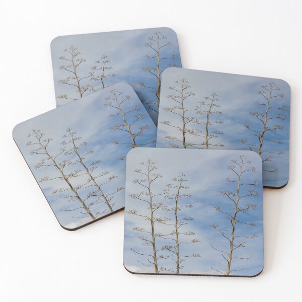 Item preview, Tall Agave Flower Stalks Against Blue Sky With Sparse Branches and Minimalist Composition designed and sold by Nmallia.