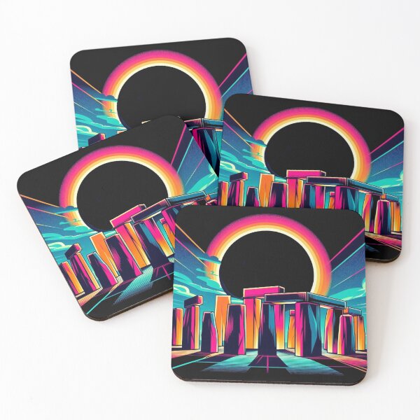 Item preview, “Neon Eclipse at Stonehenge – Retro Futuristic Portal” designed and sold by Dogandesighn.
