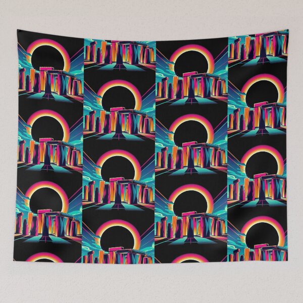 Item preview, “Neon Eclipse at Stonehenge – Retro Futuristic Portal” designed and sold by Dogandesighn.