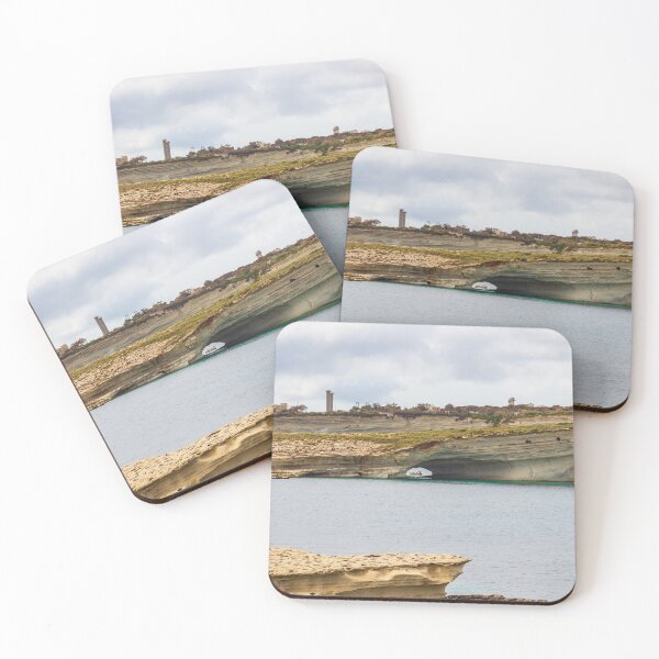 Item preview, Boat Passing Through Natural Coastal Arch Beneath Layered Limestone Cliffs On Calm Sea Under Cloudy Sky designed and sold by Nmallia.