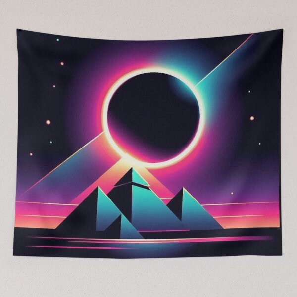 Item preview, “Neon Eclipse Over Pyramids – Sci-Fi Sacred Geometry” designed and sold by Dogandesighn.