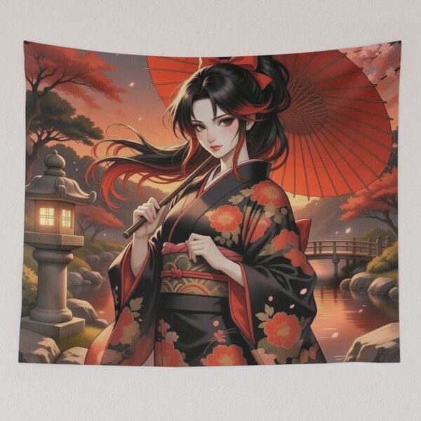 Item preview, Sunset Kimono Red Umbrella Grace designed and sold by RadaQueen.