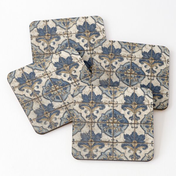 Item preview, Vintage Portuguese Azulejo Beige Blue Ornate Tile Pattern designed and sold by GrinGalore.
