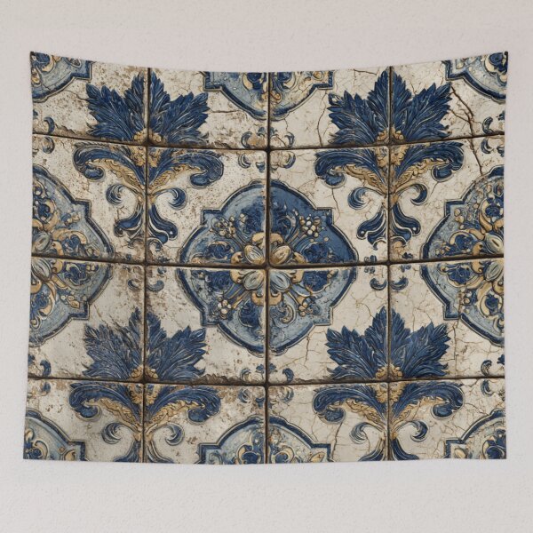 Item preview, Vintage Portuguese Azulejo Beige Blue Ornate Tile Pattern designed and sold by GrinGalore.