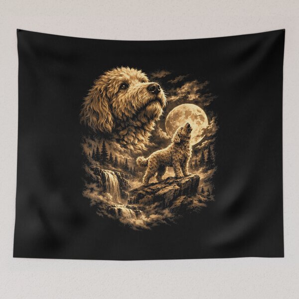 Item preview, Golden Doodle Dog Howling Moon Fantasy Forrest Wilderness designed and sold by Goleon12.