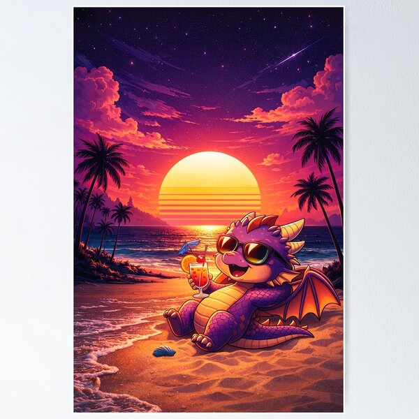 Artikelvorschau, Chibi Drache am Strand – Süßer Cocktail Drache Sonnenuntergang entworfen und verkauft von TunikaSVEN93.