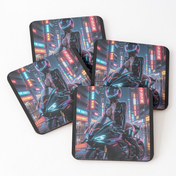 Item preview, Cyberpunk Neon Rain Rider – Natural Pose on Superbike in Tokyo Downpour designed and sold by RadaQueen.