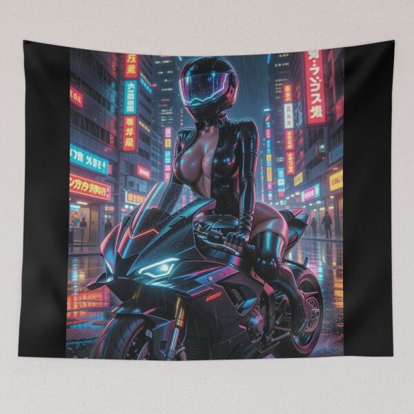 Item preview, Cyberpunk Neon Rain Rider – Natural Pose on Superbike in Tokyo Downpour designed and sold by RadaQueen.