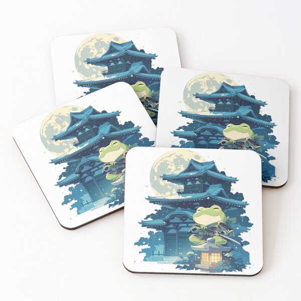Item preview, Samurai Frog Guarding Temple Under Moon - Japanese Kaeru Night Art designed and sold by De Aqui y de Alla Studio.