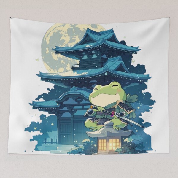 Item preview, Samurai Frog Guarding Temple Under Moon - Japanese Kaeru Night Art designed and sold by De Aqui y de Alla Studio.
