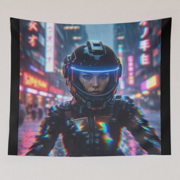 Item preview, Cyberpunk Neon Rain Stare – Aggressive Glitch Helmet in Tokyo Downpour designed and sold by RadaQueen.