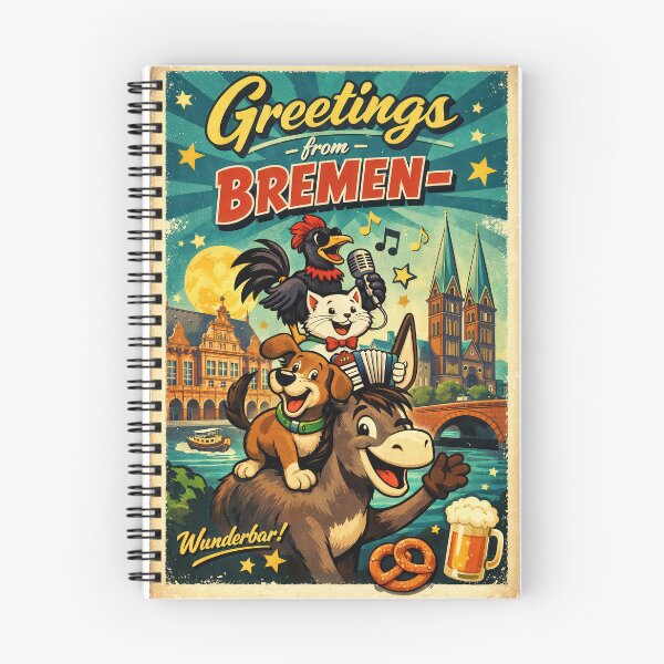Item preview, Greetings from Bremen – Bremen Town Musicians Cartoon Retro Travel Poster designed and sold by Earth Celebration Designs.