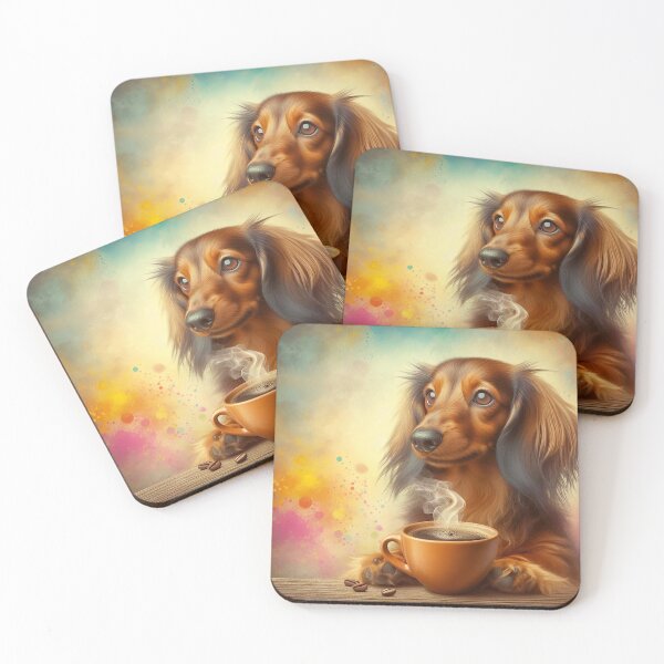 Item preview, Dachshund (Red, Long haired) dog drinking coffee designed and sold by The Coffee Critters.