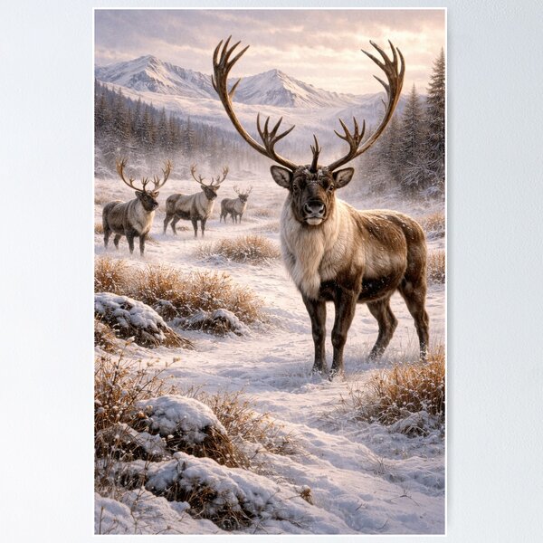 Item preview, Majestic Caribou in Winter Wilderness – Northern Wildlife Landscape designed and sold by VandVArt.