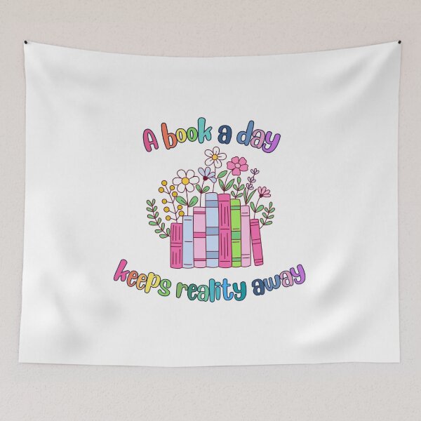 Item preview, A book a day keeps reality away | colorful flowers and books with cute rainbow lettering designed and sold by LibrarianLauren.