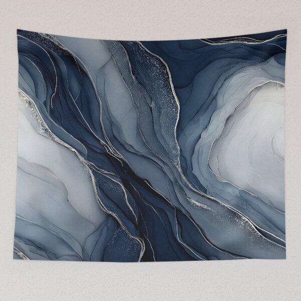 Item preview, Navy Blue and Silver Marble Water Flow designed and sold by Nine Lives Studio.