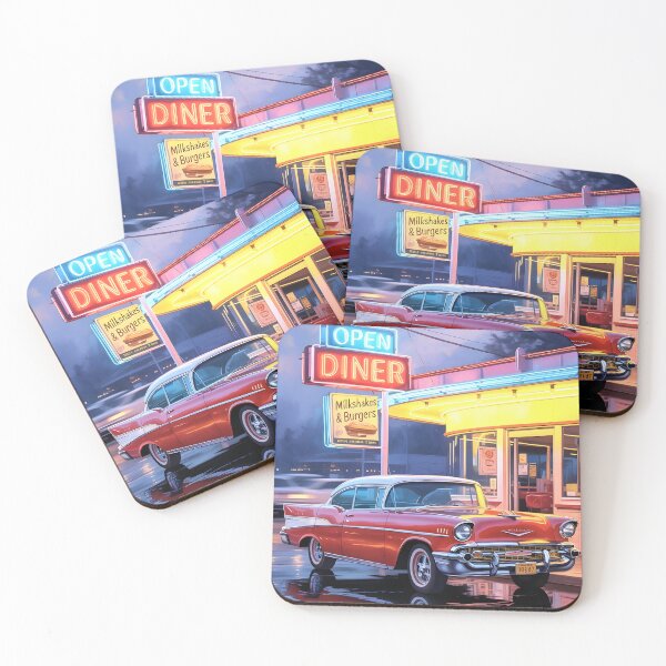 Artikelvorschau, Regnerische Abenddämmerung im Diner – Kunstdruck im Stil der 1950er Jahre | Retro-Neonreflexionen, Vintage-Diner-Wanddekoration entworfen und verkauft von MooLaLa.Store.